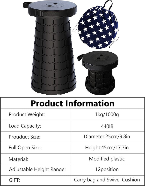 Opvouwbare kruk, draagbare klapkruk met kussen, campingkruk voor volwassenen, telescopische kruk, inklapbaar, voor , BBQ binnen, draagvermogen 120 kg, met draagtas