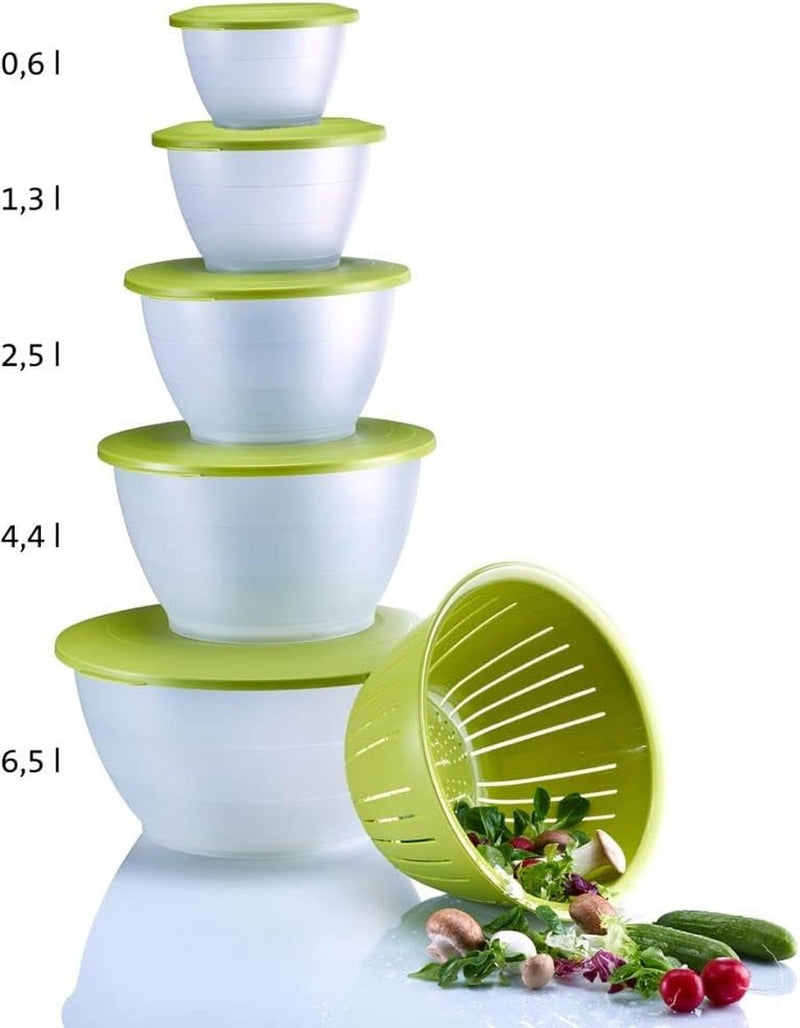 Voorraaddoos/serveerschaal met deksel en zeef/zeef, 3-delig, inhoud: 4,4 liter, kunststof, BPA-vrij, Olympia, kleur: transparant/groen