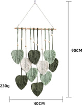Macramé wandtapijt, boho-decoratie, wandtapijt in boho-stijl met houten kralen en bladeren, wandtapijt, boho, handgemaakt, voor buiten, woonkamer, slaapkamer, binnen, geschenken, 40 80 cm (groen)