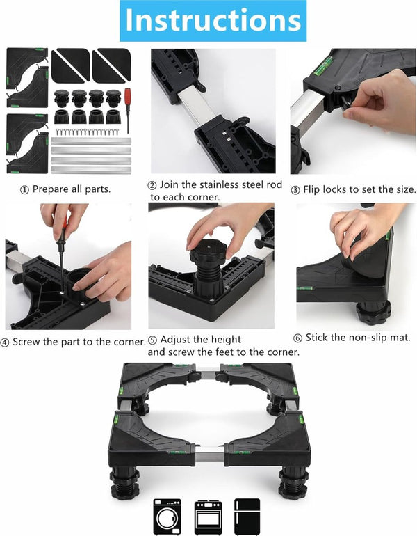 Mini-koelkaststandaard met 4 sterke voeten, universele wasmachine- en drogerbasis Verstelbare koelkaststandaard, multifunctionele wasmachinebasis voor kleine apparaten, zwart