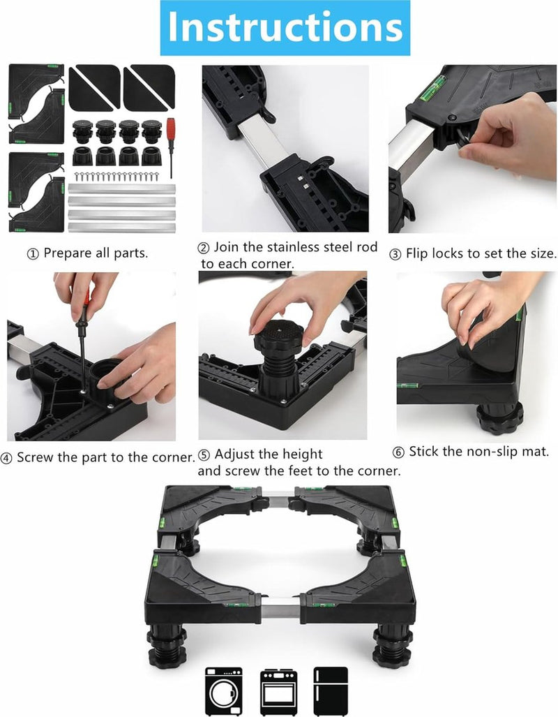 Mini-koelkaststandaard met 4 sterke voeten, universele wasmachine- en drogerbasis Verstelbare koelkaststandaard, multifunctionele wasmachinebasis voor kleine apparaten, zwart