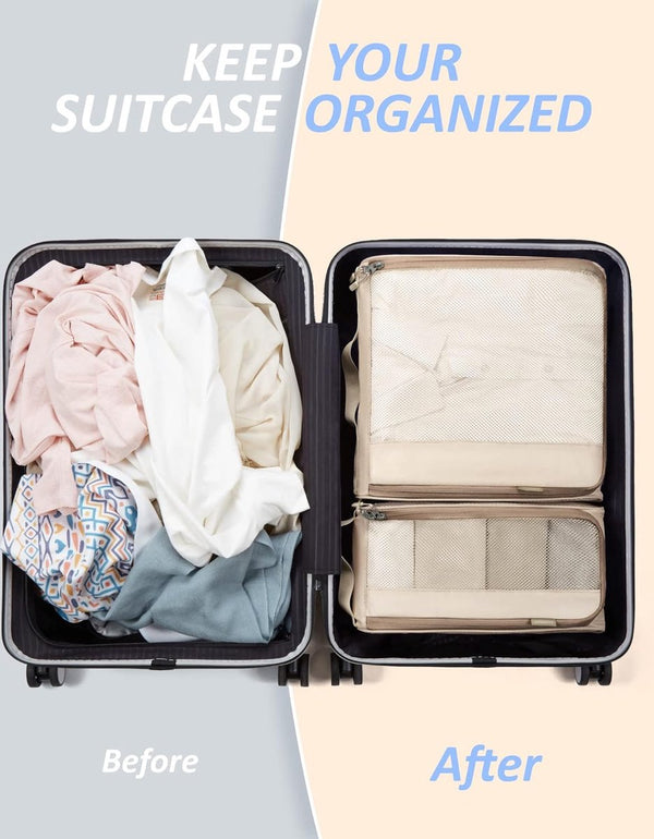 Packing Cubes rugzak, kledingtassen, 7-delige reiskoffer-organizerset, uitbreidbare kofferorganizer voor vakantie en reizen, ivoor