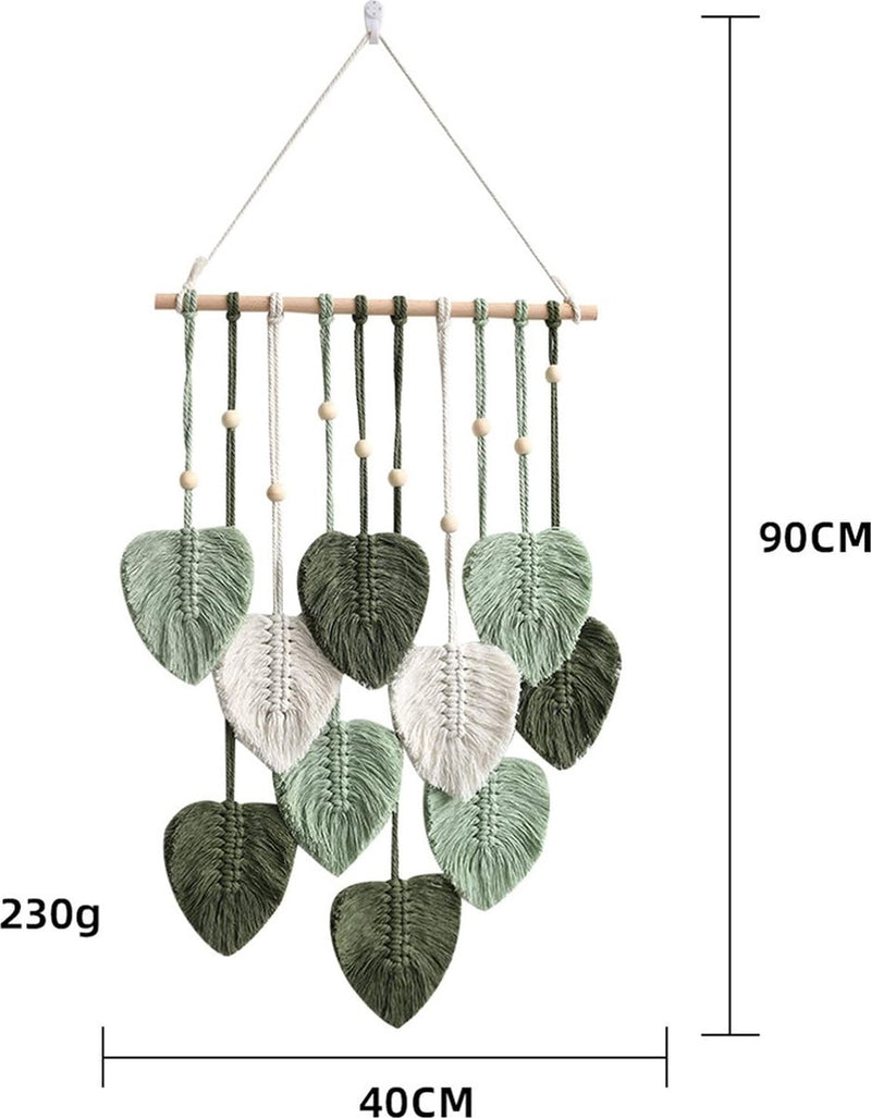 Macramé wandtapijt, boho-decoratie, wandtapijt in boho-stijl met houten kralen en bladeren, wandtapijt, boho, handgemaakt, voor buiten, woonkamer, slaapkamer, binnen, geschenken, 40 80 cm (groen)