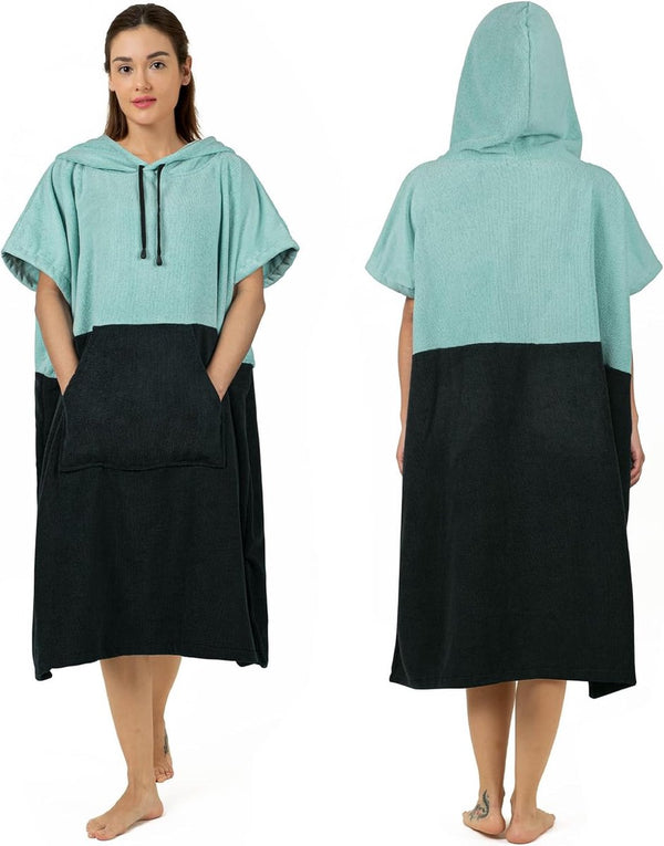 Surf Poncho, Extra Grote, Dikke Handdoekponcho voor Mannen en Vrouwen met Capuchon Zak voor Zwemmen op het strand, 104 x 83 cm, Zwartgroen