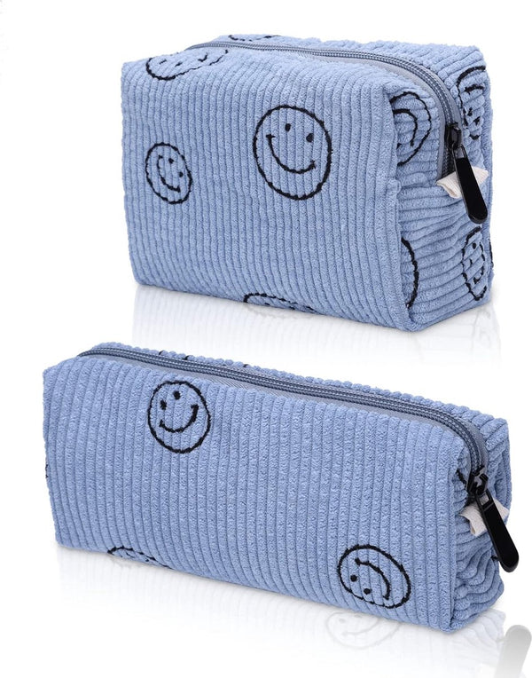 Toilettas voor op reis, corduroy fluwelen cosmeticatas, make-uptas met glimlachgezicht, corduroy smile-print, make-up-organizer, wastas voor reizen, kinderen, meisjes, dames, 2 stuks blauw, mode