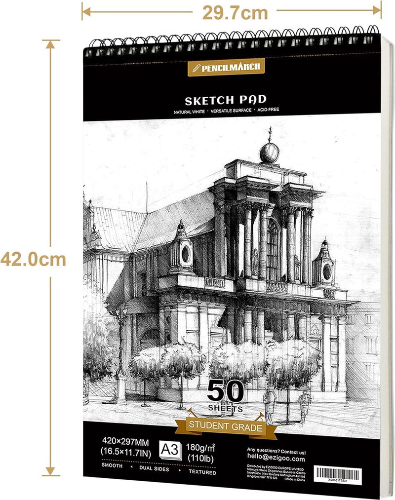 Spiraalgebonden schetsblok, schetsboek, A3 180 g/m² 50 vellen. Tekenblok voor kunstenaars. Ideaal voor het atelier, school of thuis