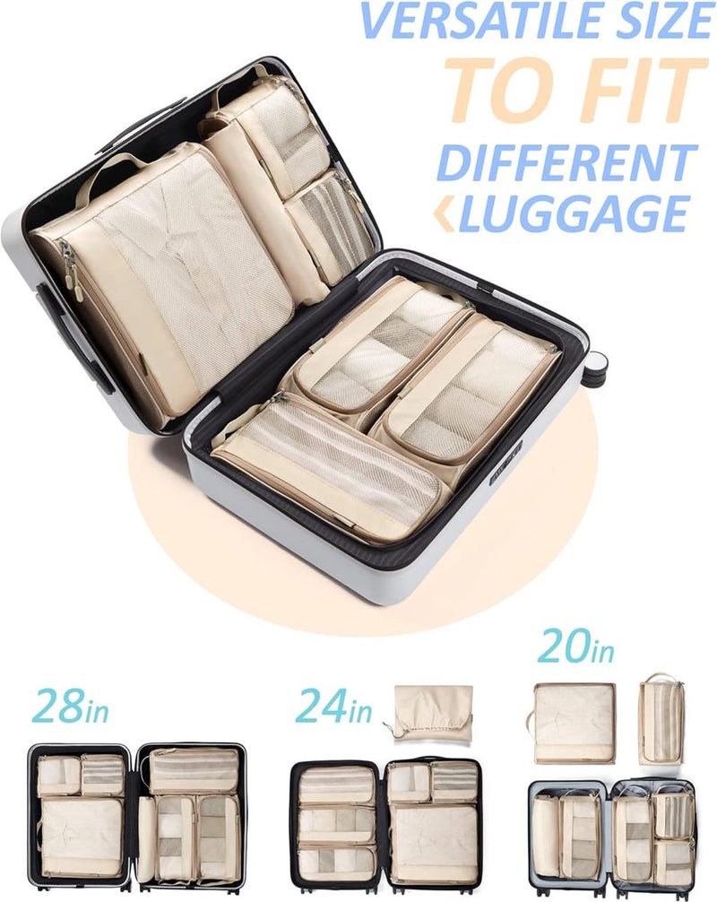 Packing Cubes rugzak, kledingtassen, 7-delige reiskoffer-organizerset, uitbreidbare kofferorganizer voor vakantie en reizen, ivoor