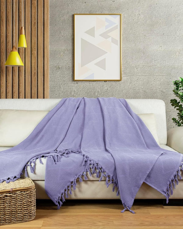 Premium sprei met handgeknoopte franjes - 100% katoen - 220 x 240 cm - wafelpiqué zomerdeken - katoenen deken als bedsprei, banksprei & bankdeken (lavendel)