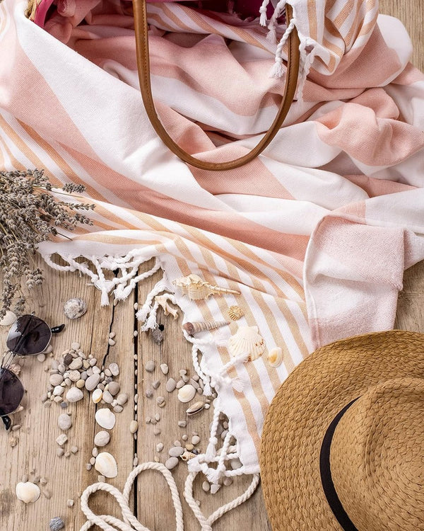 Set van 2 hamamdoeken met handgeknoopte franjes, 100% katoen, XXL strandlaken, 95 x 180 cm, Oeko-Tex 100, grote badstof, saunahanddoek en reishanddoek (koraal)