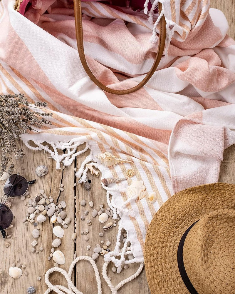 Set van 2 hamamdoeken met handgeknoopte franjes, 100% katoen, XXL strandlaken, 95 x 180 cm, Oeko-Tex 100, grote badstof, saunahanddoek en reishanddoek (koraal)