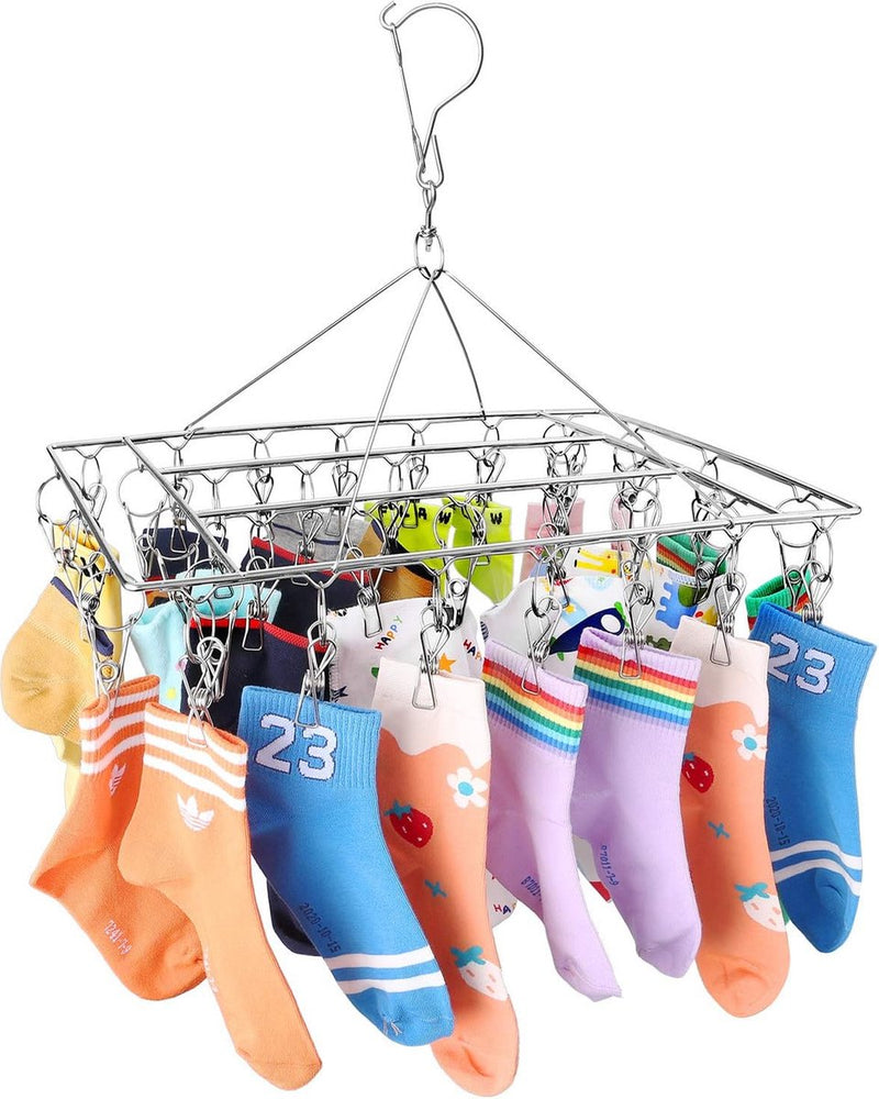 Roestvrijstalen sokkendroger Wasdroger Draaibare haak Winddichte kleerhanger voor sokken, ondergoed, bh's, babykleding, handschoenen (36 wasknijpers)
