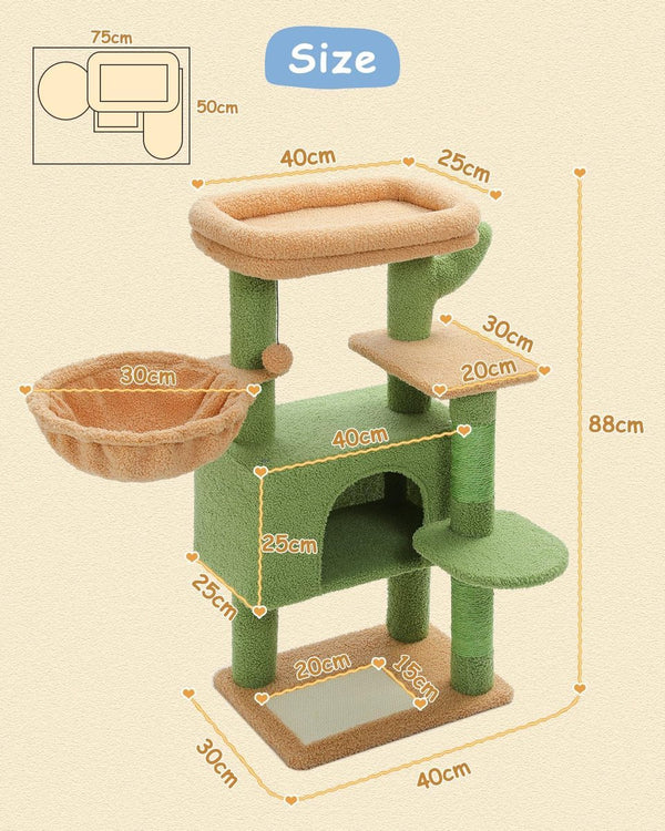 Cactus krabpaal 88 cm voor binnenkatten Condo kattenhuis met hangmat grot kattenactiviteitencentrum met afneembaar bed bovenaan, groen
