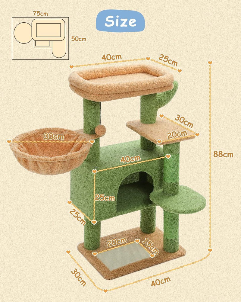 Cactus krabpaal 88 cm voor binnenkatten Condo kattenhuis met hangmat grot kattenactiviteitencentrum met afneembaar bed bovenaan, groen
