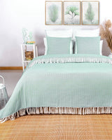 Premium sprei met franjes, 100% katoen, 220 x 240 cm, visgraatpatroon, zomerdeken, katoenen deken als bedsprei, bankdeken, bankdeken (mint)