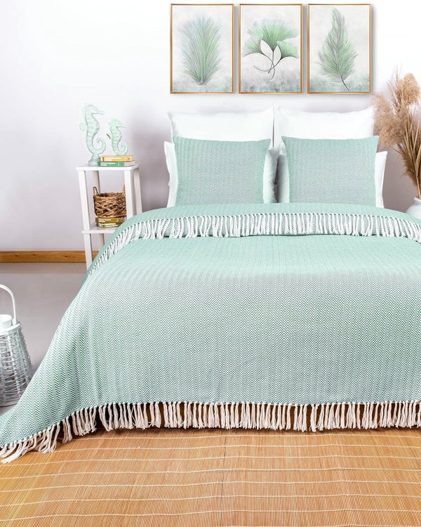 Premium sprei met franjes, 100% katoen, 220 x 240 cm, visgraatpatroon, zomerdeken, katoenen deken als bedsprei, bankdeken, bankdeken (mint)