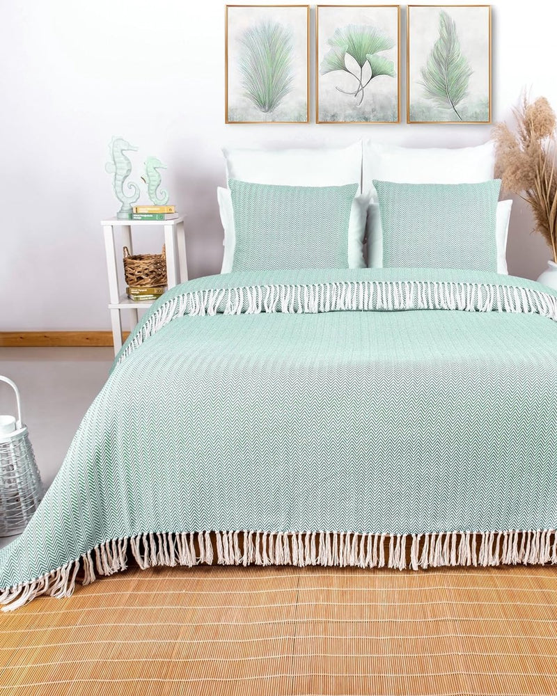 Premium sprei met franjes, 100% katoen, 220 x 240 cm, visgraatpatroon, zomerdeken, katoenen deken als bedsprei, bankdeken, bankdeken (mint)