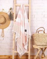 Set van 2 hamamdoeken met handgeknoopte franjes, 100% katoen, XXL strandlaken, 95 x 180 cm, Oeko-Tex 100, grote badstof, saunahanddoek en reishanddoek (koraal)