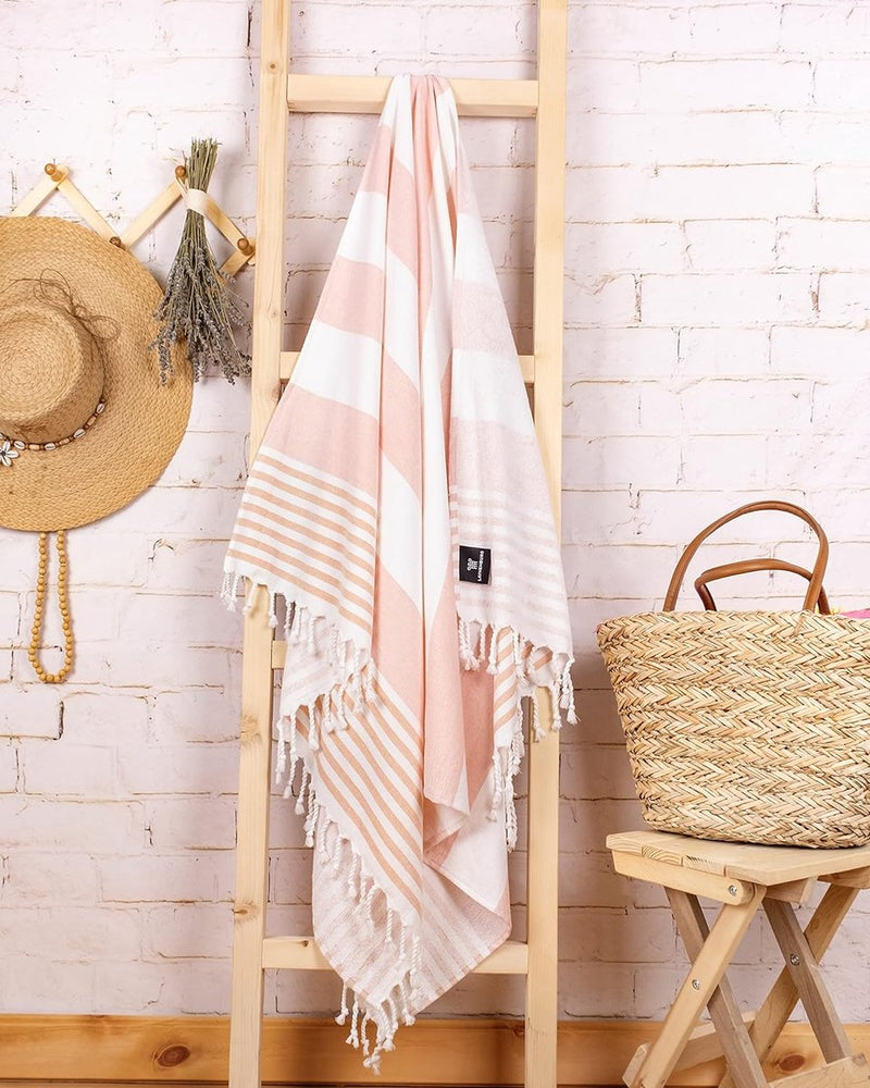 Set van 2 hamamdoeken met handgeknoopte franjes, 100% katoen, XXL strandlaken, 95 x 180 cm, Oeko-Tex 100, grote badstof, saunahanddoek en reishanddoek (koraal)