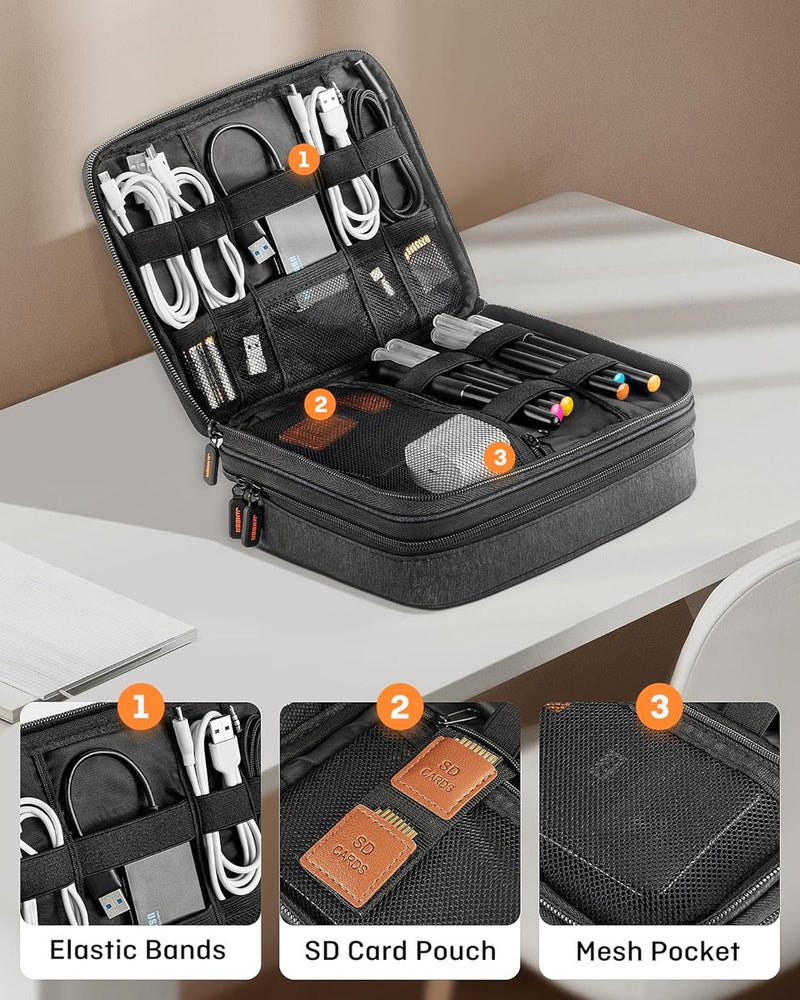 Kabeltas met grote capaciteit, geüpgraded multifunctionele kabeltas, organizer voor powerbank, SD-kaart, USB-stick, mobiele telefoonaccessoires, vakantie, Tech Pouch (donkergrijs), donkergrijs,