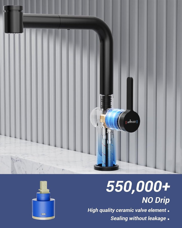 Kraan keuken, zwart, keukenkraan, zwart, uittrekbaar, hoge druk, 360 graden draaibaar, spoelbakarmatuur met 2 straalsoorten, mengkraan voor keuken, keukenarmatuur, L-vormig, zwart