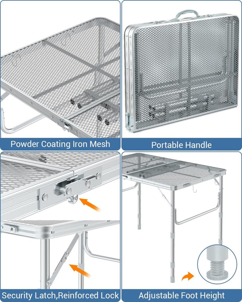 Grilltafel, outdoor, inklapbaar, 90 x 60 cm, campingtafel, inklapbaar, in 3 hoogtes verstelbaar, tuintafel, campingtafel, licht en draagbaar, kleine barbecuetafel voor picknick en camping