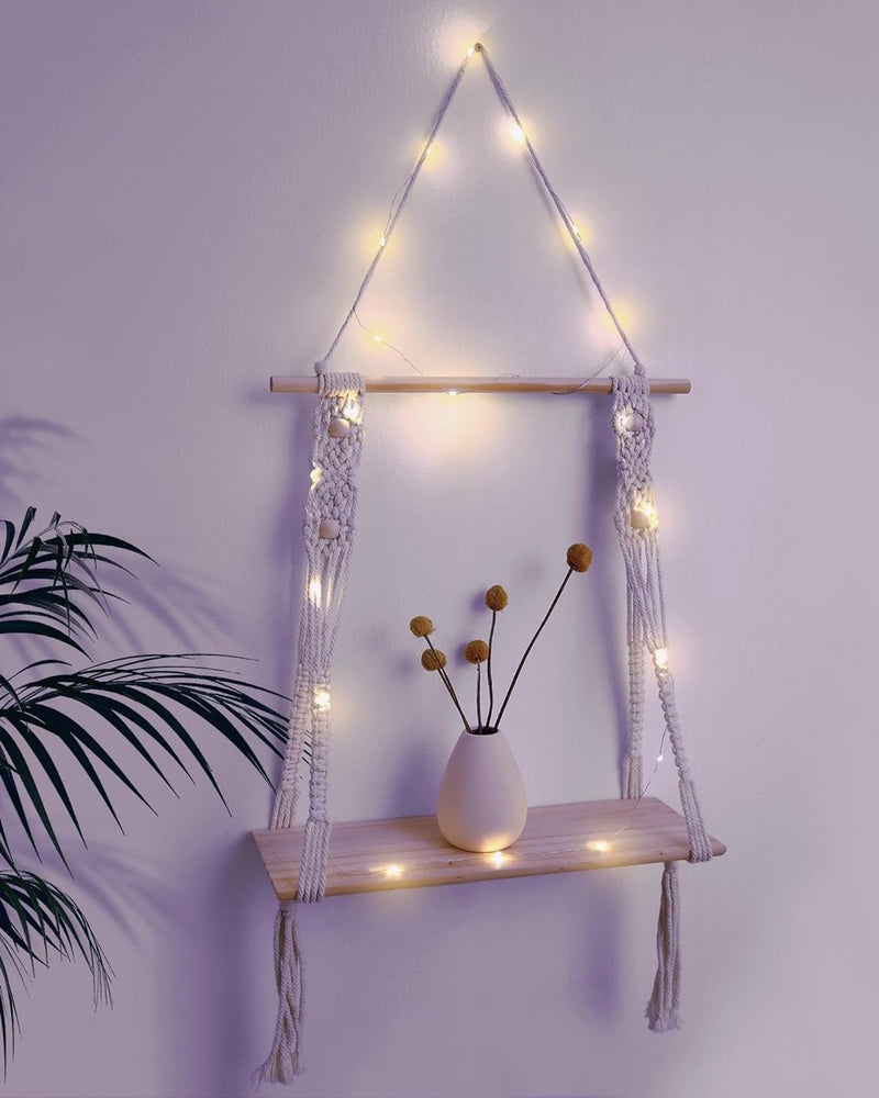 Wandplank Houten Boheemse Wandplank Handgemaakte Macrame Wanddecoratie met LED-verlichting Geschikt voor Woonkamer Wanddecoratie Kamerdecoratie