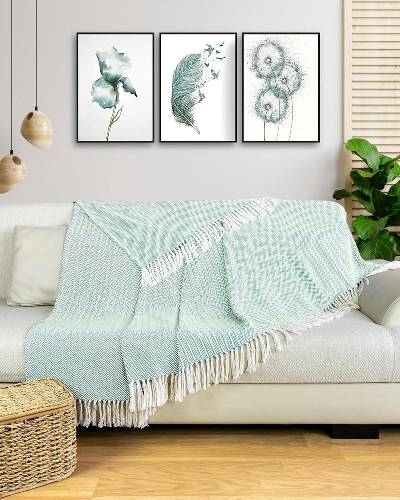 Premium sprei met franjes, 100% katoen, 220 x 240 cm, visgraatpatroon, zomerdeken, katoenen deken als bedsprei, bankdeken, bankdeken (mint)