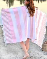 Set van 2 hamamdoeken met handgeknoopte franjes, 100% katoen, XXL strandlaken, 95 x 180 cm, Oeko-Tex 100, grote badstof, saunahanddoek en reishanddoek (koraal)