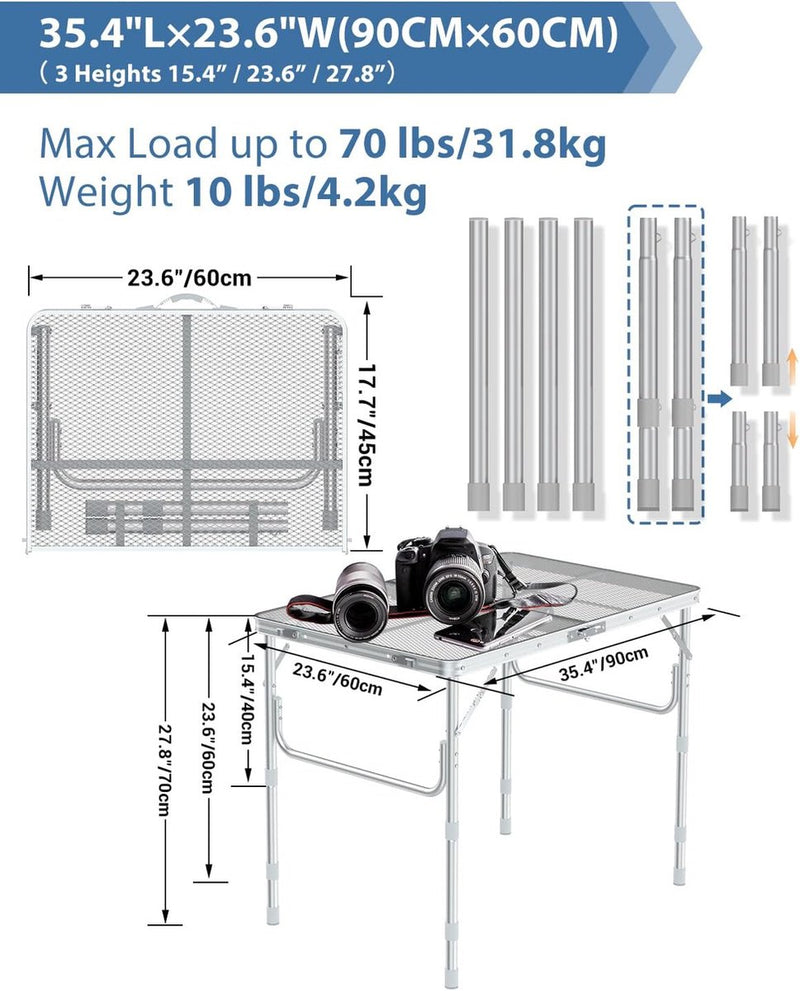 Grilltafel, outdoor, inklapbaar, 90 x 60 cm, campingtafel, inklapbaar, in 3 hoogtes verstelbaar, tuintafel, campingtafel, licht en draagbaar, kleine barbecuetafel voor picknick en camping