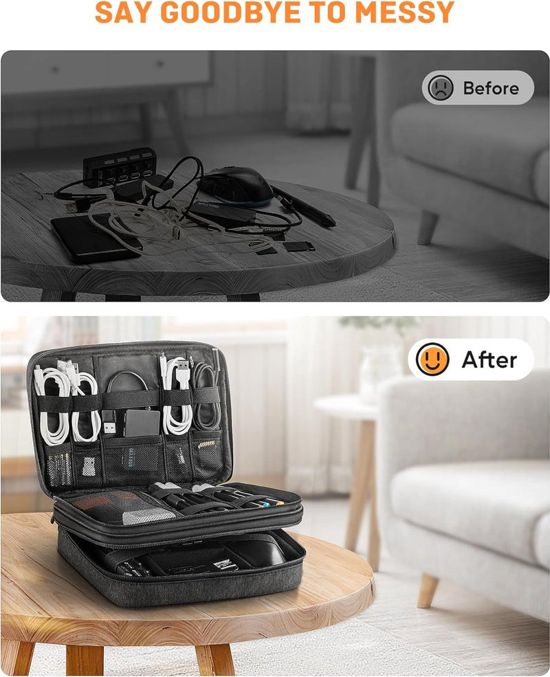 Kabeltas met grote capaciteit, geüpgraded multifunctionele kabeltas, organizer voor powerbank, SD-kaart, USB-stick, mobiele telefoonaccessoires, vakantie, Tech Pouch (donkergrijs), donkergrijs,
