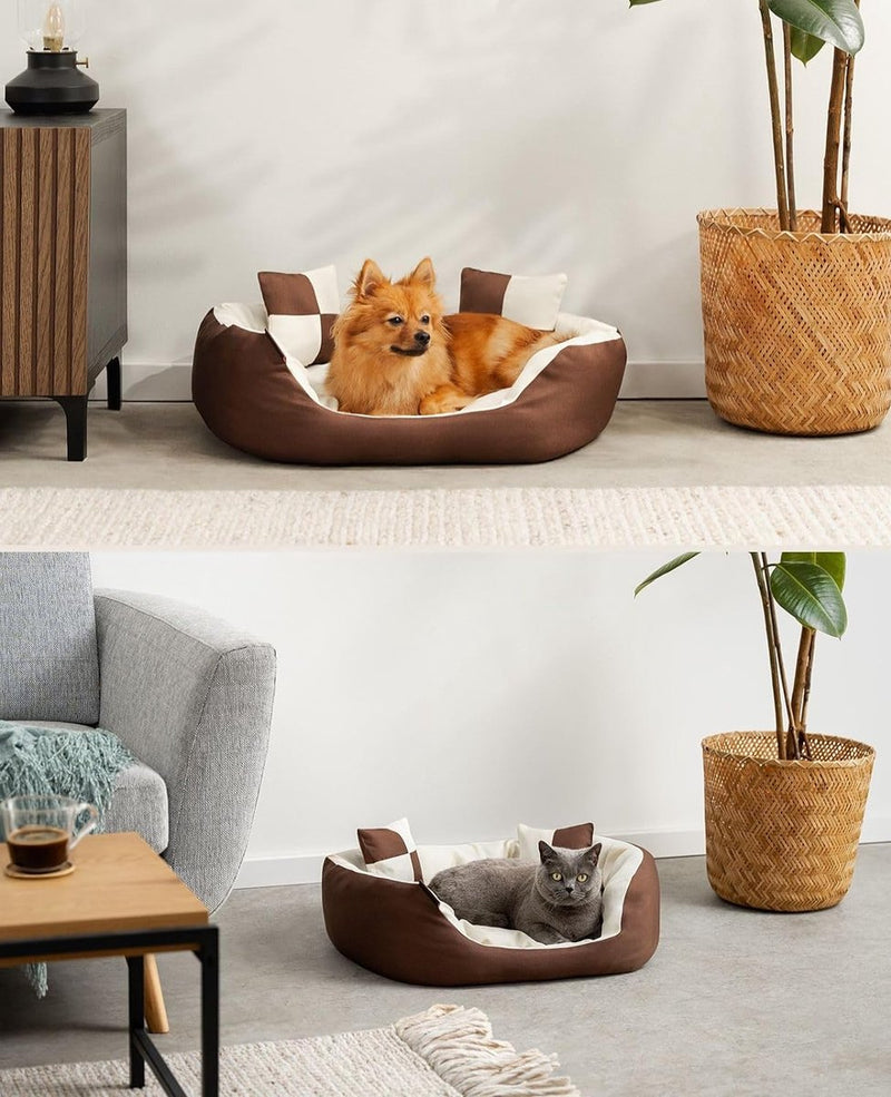 4-in-1 hondenbed, hondenkussen, hondenmand met omkeerbaar kussen, (S) 65 x 50 cm, bruin/beige