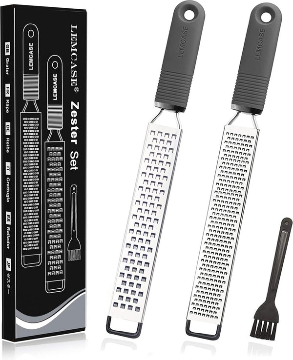 Zester, schaafrasp - kaasrasp, Parmezaanse rasp, citroenrasp - keukenrasp van roestvrij staal met beschermende afdekking en siliconen handvat | grijs (set van 2)