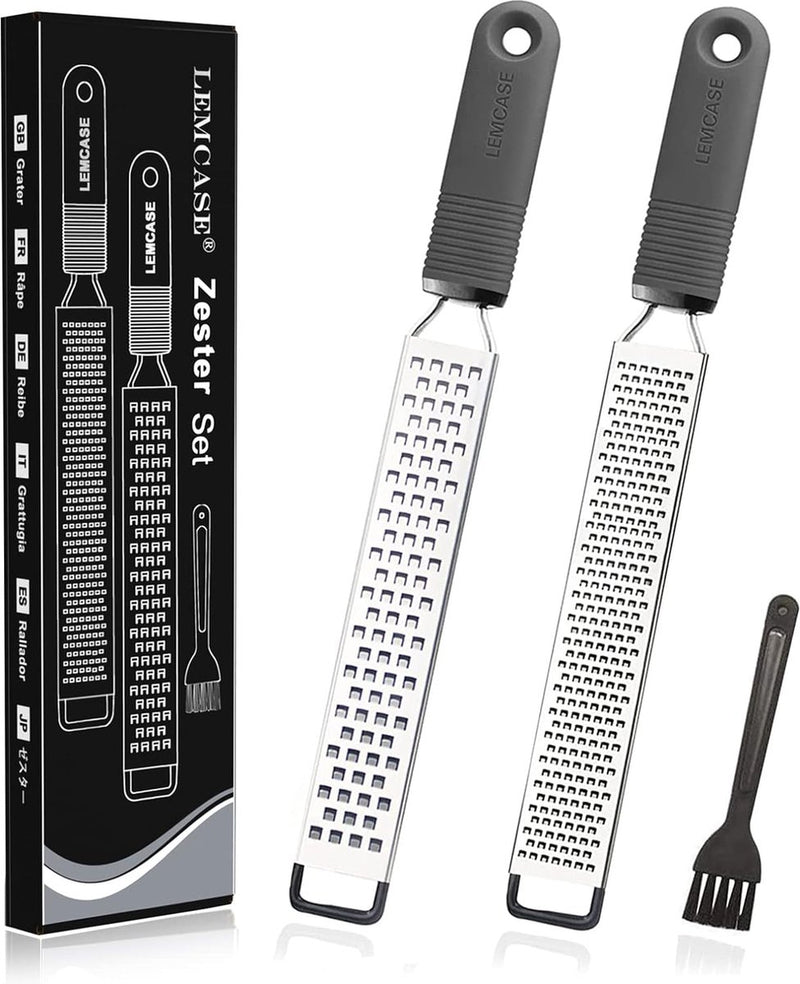 Zester, schaafrasp - kaasrasp, Parmezaanse rasp, citroenrasp - keukenrasp van roestvrij staal met beschermende afdekking en siliconen handvat | grijs (set van 2)