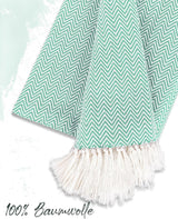 Premium sprei met franjes, 100% katoen, 220 x 240 cm, visgraatpatroon, zomerdeken, katoenen deken als bedsprei, bankdeken, bankdeken (mint)