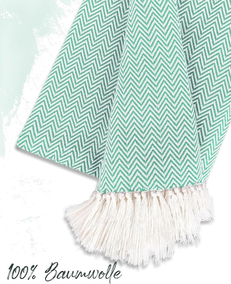 Premium sprei met franjes, 100% katoen, 220 x 240 cm, visgraatpatroon, zomerdeken, katoenen deken als bedsprei, bankdeken, bankdeken (mint)
