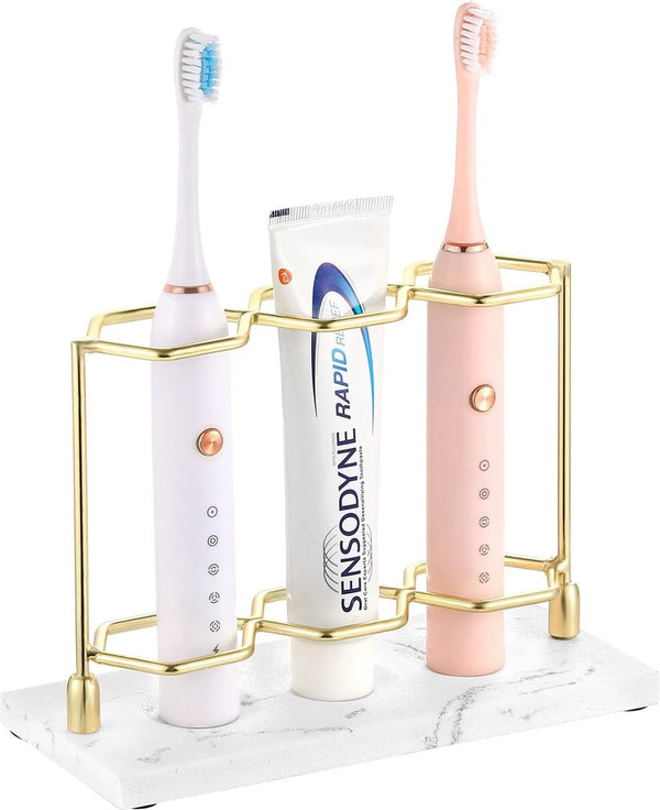 Tandenborstelhouder, 3 vakken, elektrische tandenborstelhouder van hars, voor tandpasta, scheerapparaat, organizer, houder voor wastafel, toilettafel, commode, make-uptafel, goud/marmer, wit