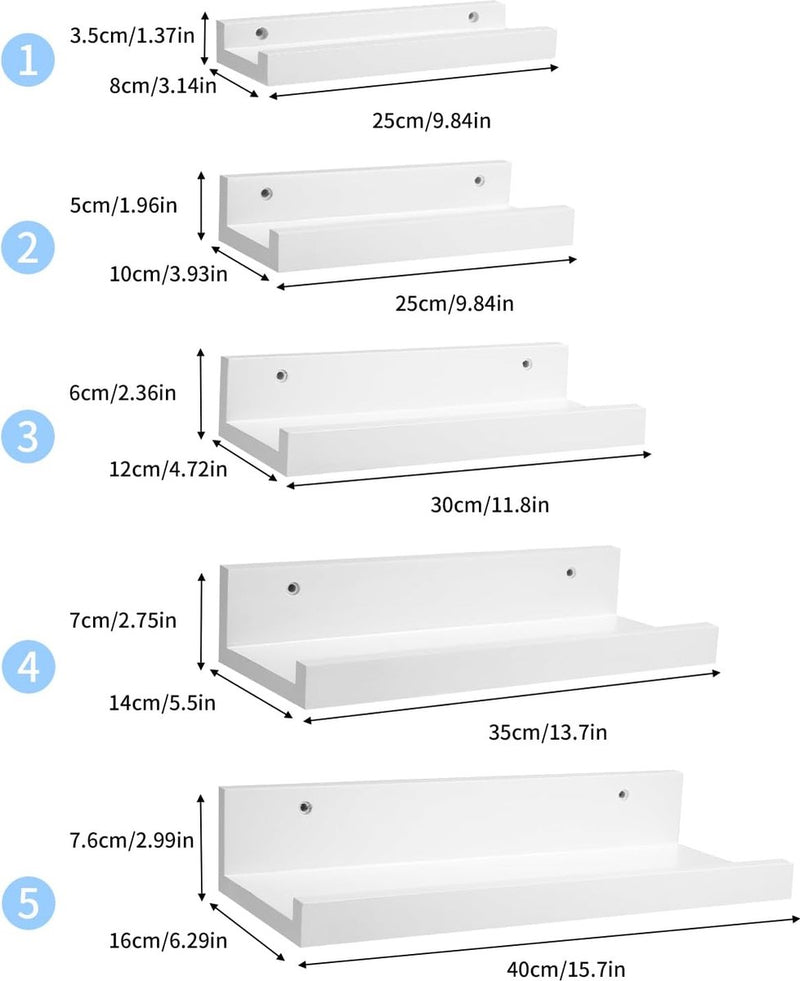 Wandrek, wit, zwevende haken, set van 5, wandplank, kinderkamer, wandplank, wit, woondecoratie, wandplank, 12 schroeven, inclusief voor woonkamer, badkamer, keuken, slaapkamer, kantoor