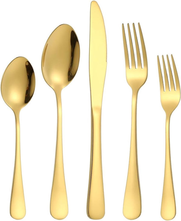 Bestekset voor 6 personen, 30-delige roestvrijstalen bestekset, bestek inclusief mes/vork/lepel, spiegel gepolijst, vaatwasmachinebestendig (goud)