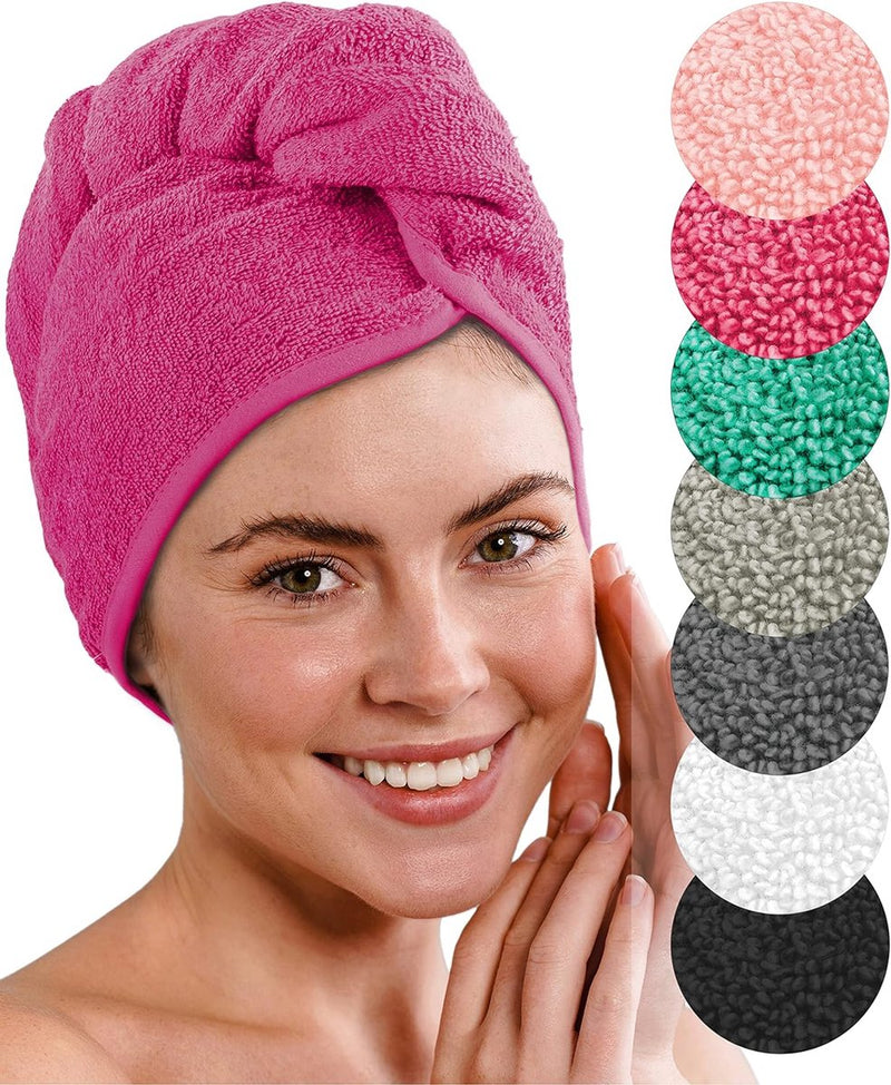 Premium Haartulband met knoop van 100% katoen - haarhanddoek incl. 4 haarelastiekjes - voor kort en lang haar - tulband handdoek is sneldrogend en absorberend (Fuchsia)