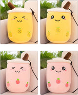 Bubble Tea pluche dier Boba, knuffel, pluche poppen, zacht knuffeldier, theekop, zachte pop, kussen, kinderspeelgoed, blauw, scheel, 35 cm