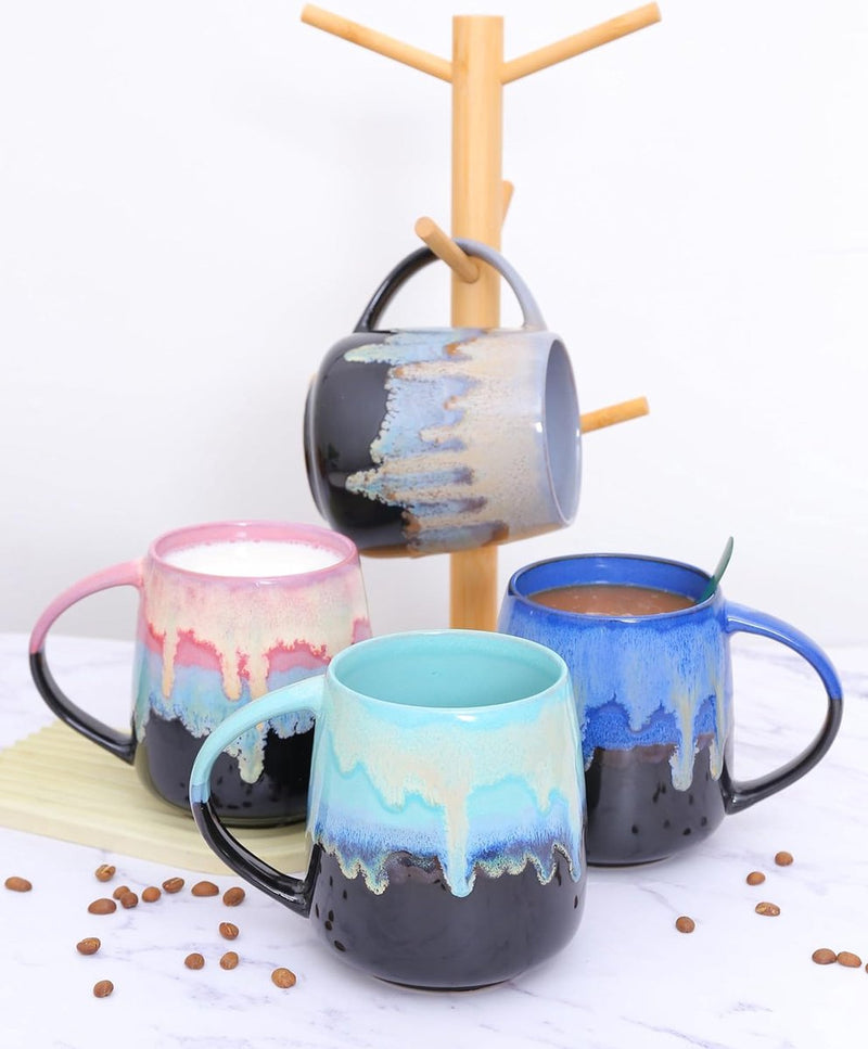 Grote keramische koffiemokken, 600 ml grote theekopjes met handvat, uniek textuurglazuur voor kantoor en thuis, magnetron-, koelkast- en vaatwasmachinebestendig, gemengde kleuren B