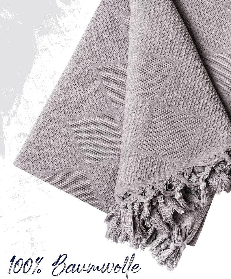 Premium sprei met handgeknoopte franjes, 100% katoen, 150 x 220 cm, wafelpiqué zomerdeken, katoenen deken als bedsprei, banksprei en bankdeken, grijs