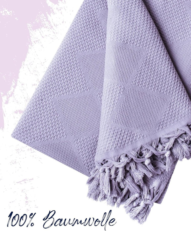 Premium sprei met handgeknoopte franjes - 100% katoen - 220 x 240 cm - wafelpiqué zomerdeken - katoenen deken als bedsprei, banksprei & bankdeken (lavendel)
