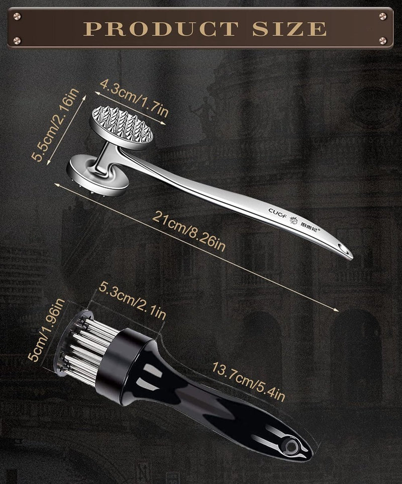 Vleesklopper, roestvrij staal, incl. roestvrijstalen vleeshamer, extreem robuust, vleeshamer voor rundersteak, varkensvlees, kip, vis, zacht maken en stampen