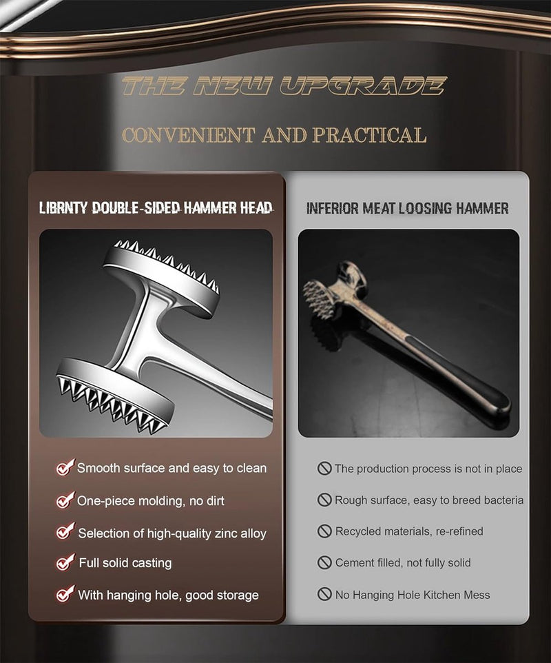 Vleesklopper, roestvrij staal, incl. roestvrijstalen vleeshamer, extreem robuust, vleeshamer voor rundersteak, varkensvlees, kip, vis, zacht maken en stampen